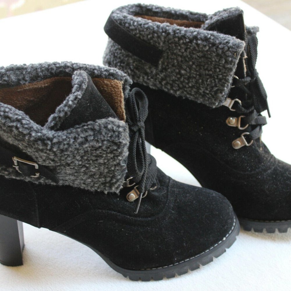 NEW BLACK FAUX SUEDE BOOTS FUR TRIM 3 ½” HEELS WOMENS SIZE 43 / US 10